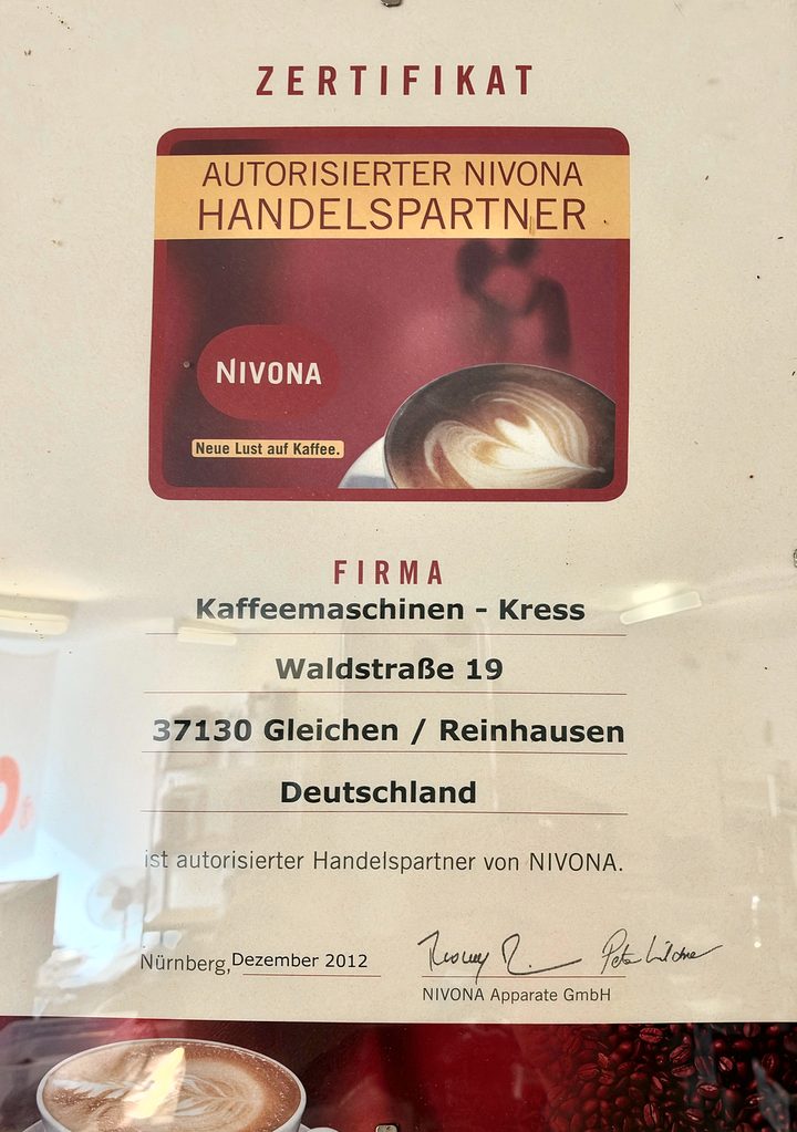Nivona-Zertifikat für die Firma Kaffeemaschinen-Kress, Waldstraße 19, 37130 Gleichen/Reinhausen – ausgestellt von der NIVONA Apparate GmbH, Nürnberg, im Dezember 2012